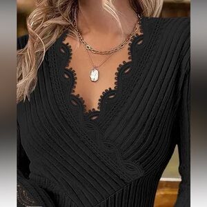 Ribbed V Neck Lace Trim Top Casual Long Sleeve Top
